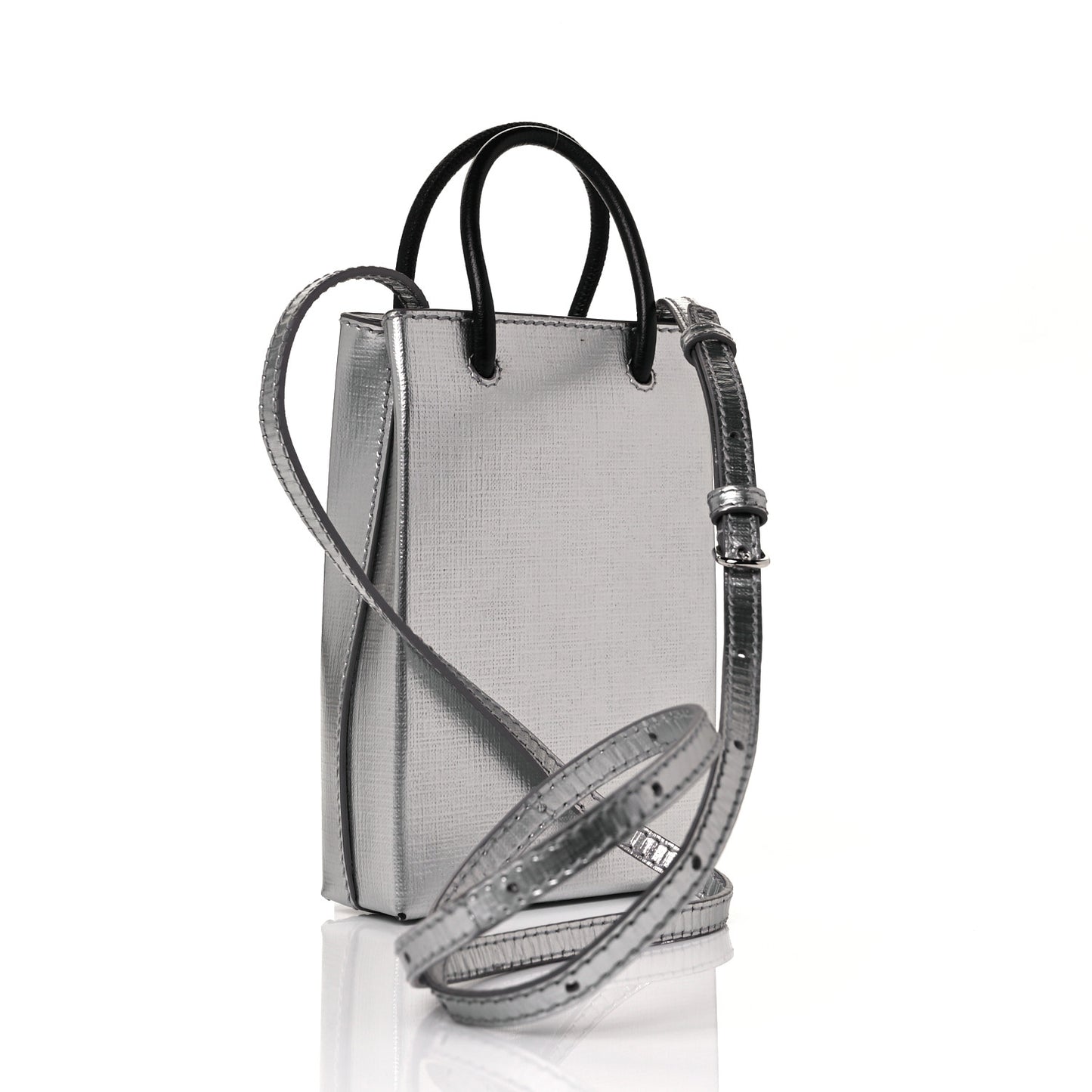 Metallic Textured Calfskin Logo Shopping Phone Holder Bag Silver