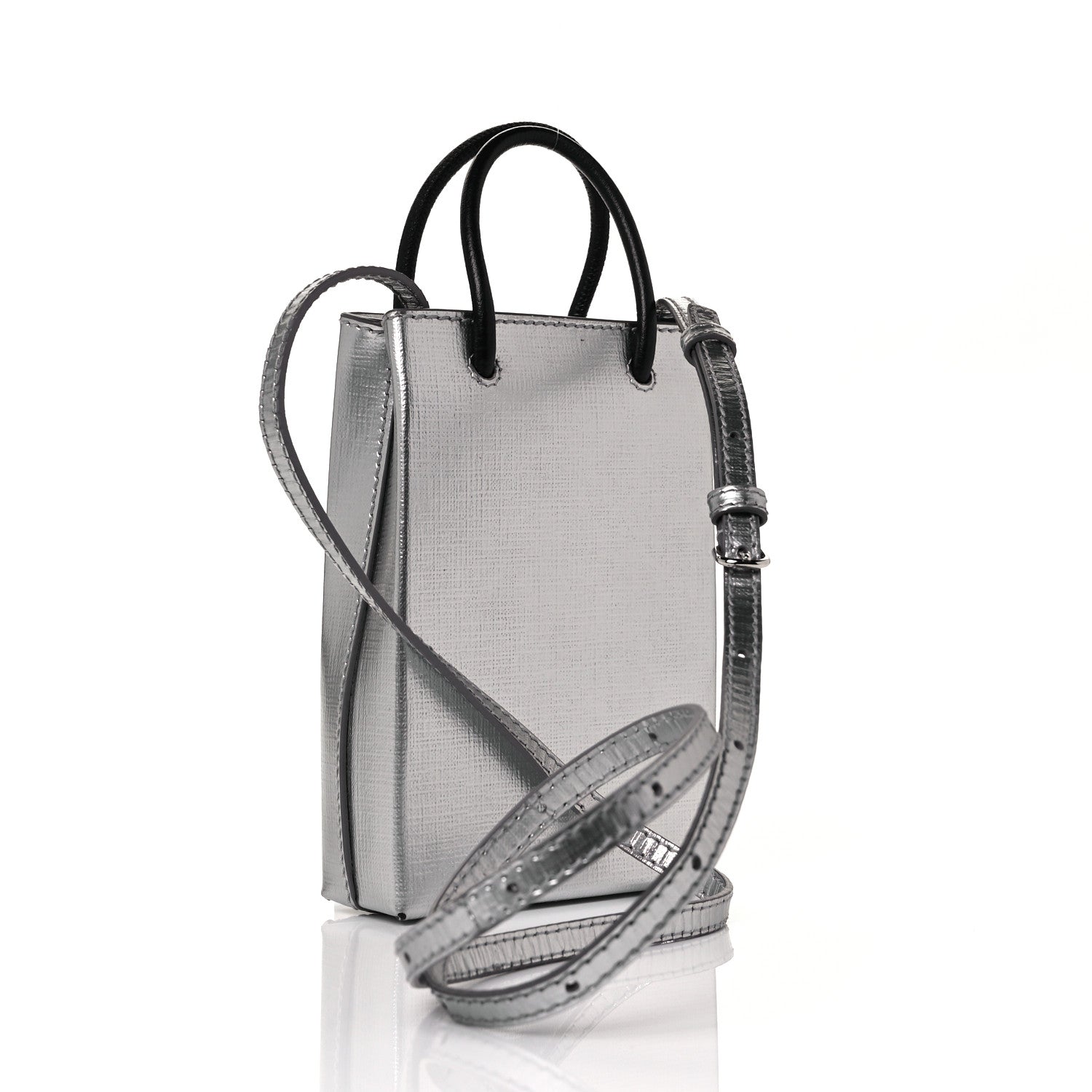 Balenciaga Metallic Textured Calfskin Logo Shopping Phone Holder Bag Silver 3 of 7