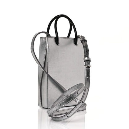 Balenciaga Metallic Textured Calfskin Logo Shopping Phone Holder Bag Silver 3 of 7