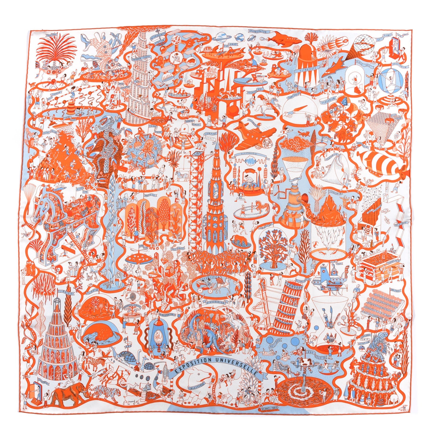 Silk Exposition Universelle Scarf 90 White Orange Ciel