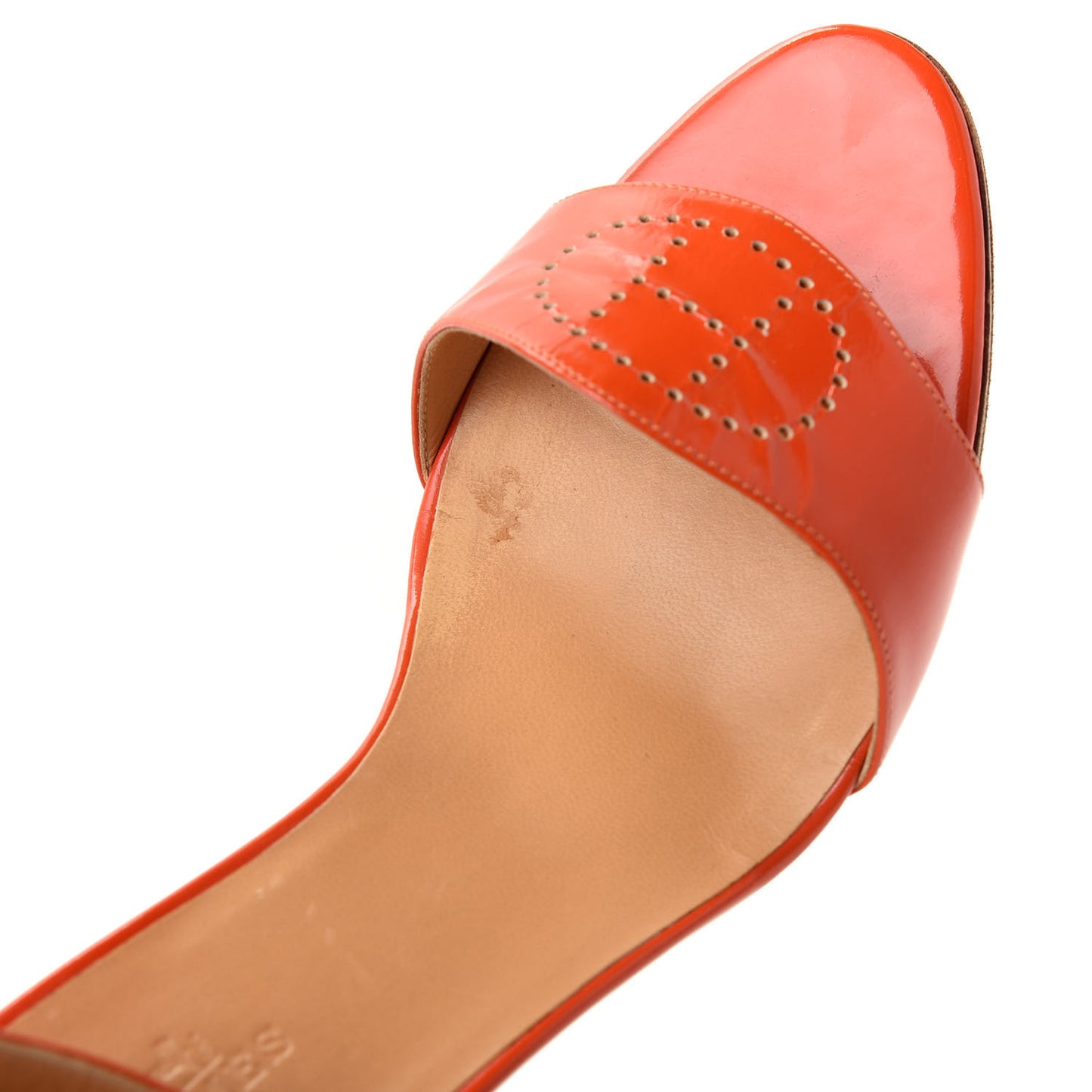 Patent Calfskin Perforated H Ankle Strap Wedge Sandals 39 Orange