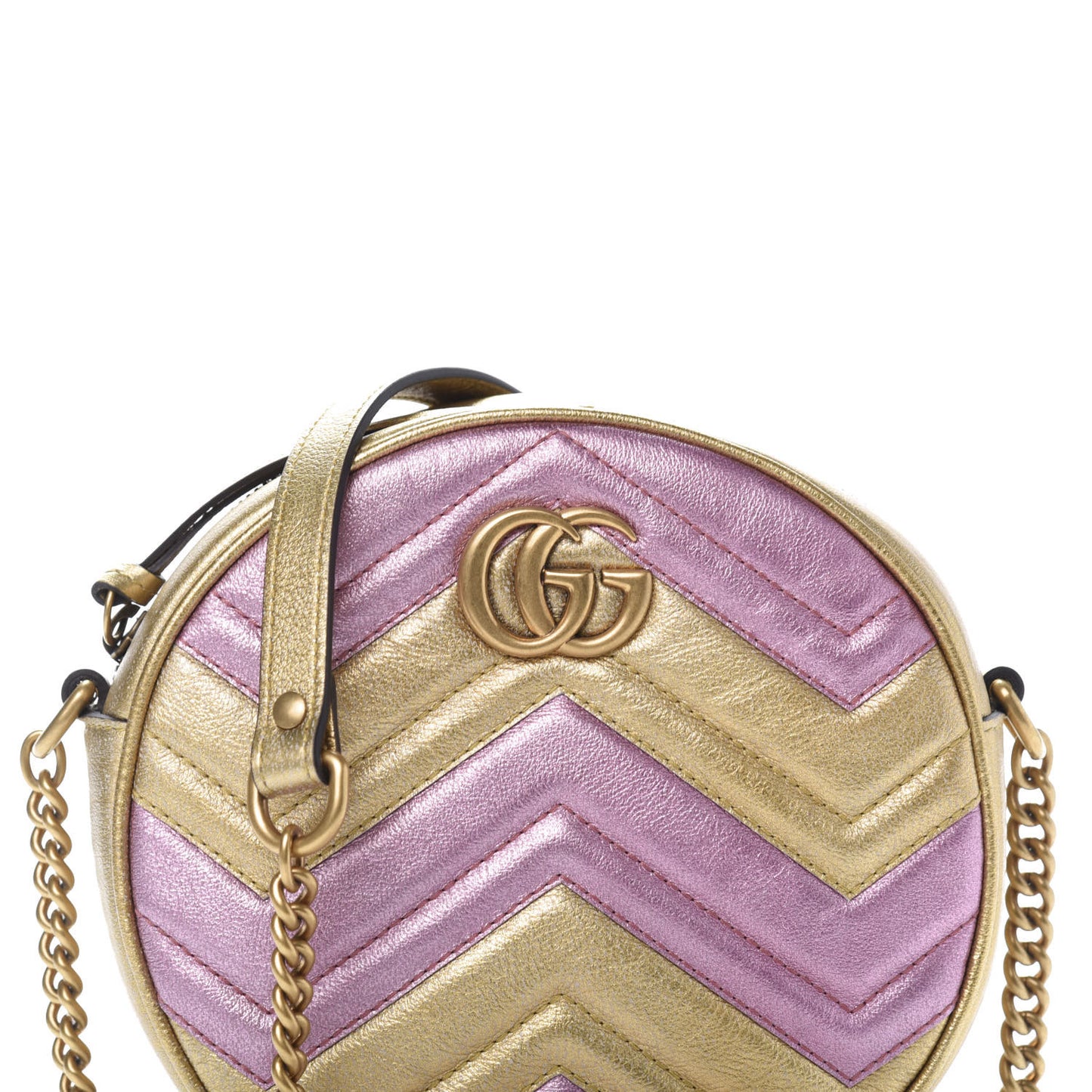 Metallic Calfskin Matelasse Mini GG Marmont Round Shoulder Bag Gold Pink
