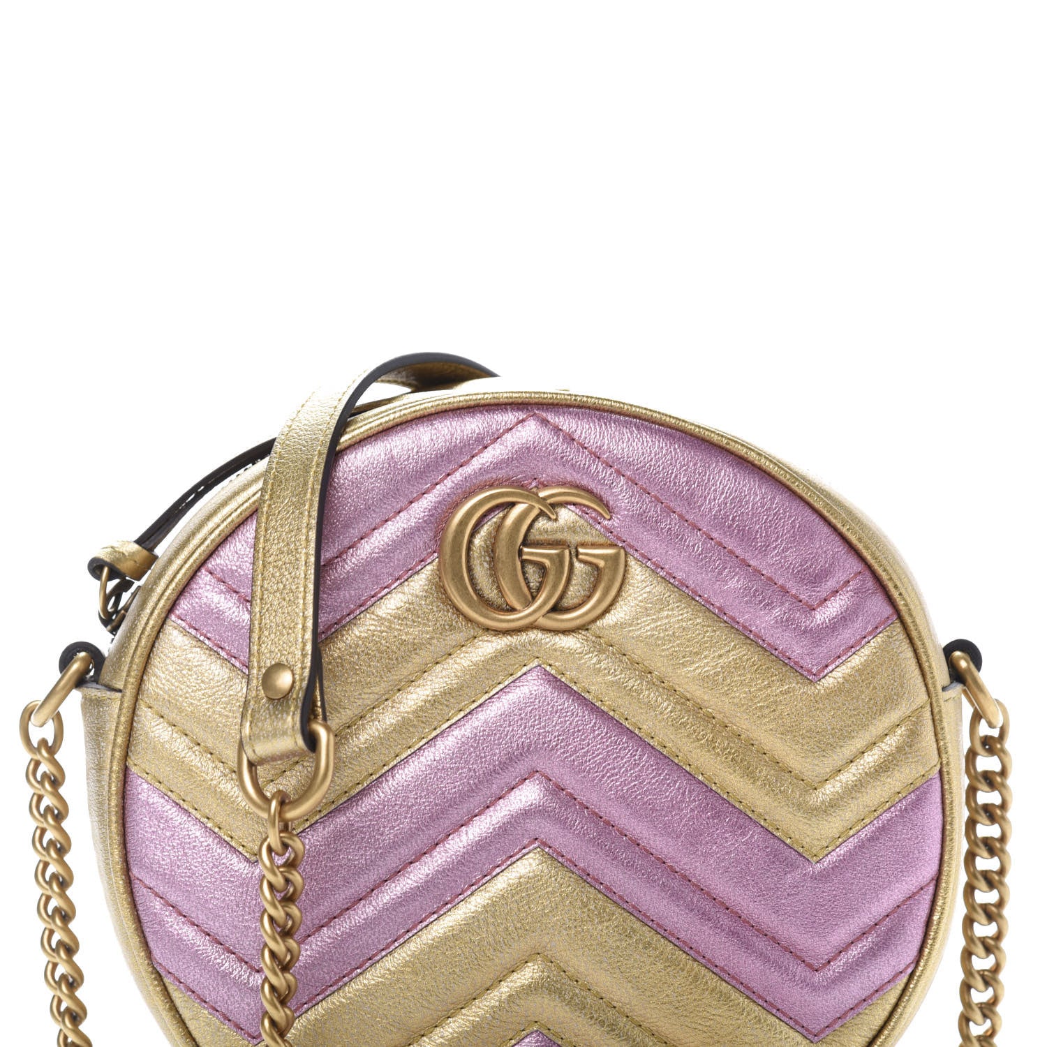 Gucci Metallic Calfskin Matelasse Mini GG Marmont Round Shoulder Bag Gold Pink 11 of 11