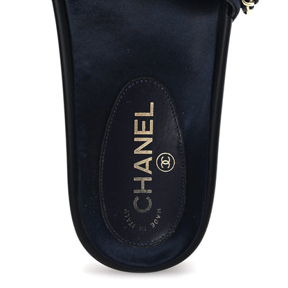 Chanel Satin Canvas Chain Slides Sandals Flats 38 Marine 8 of 9