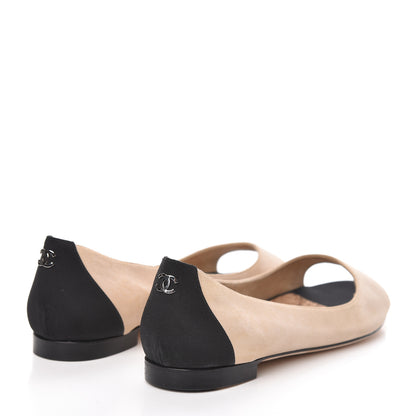 Chanel Suede Grosgrain Peep Toe Ballerina Flats 39.5 Beige Black 4 of 8