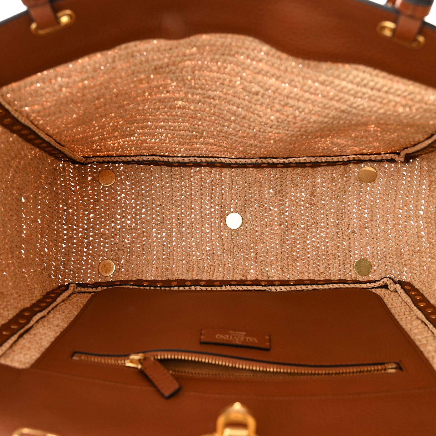 Raffia Calfskin Rockstud Tote Naturale Saddle Brown