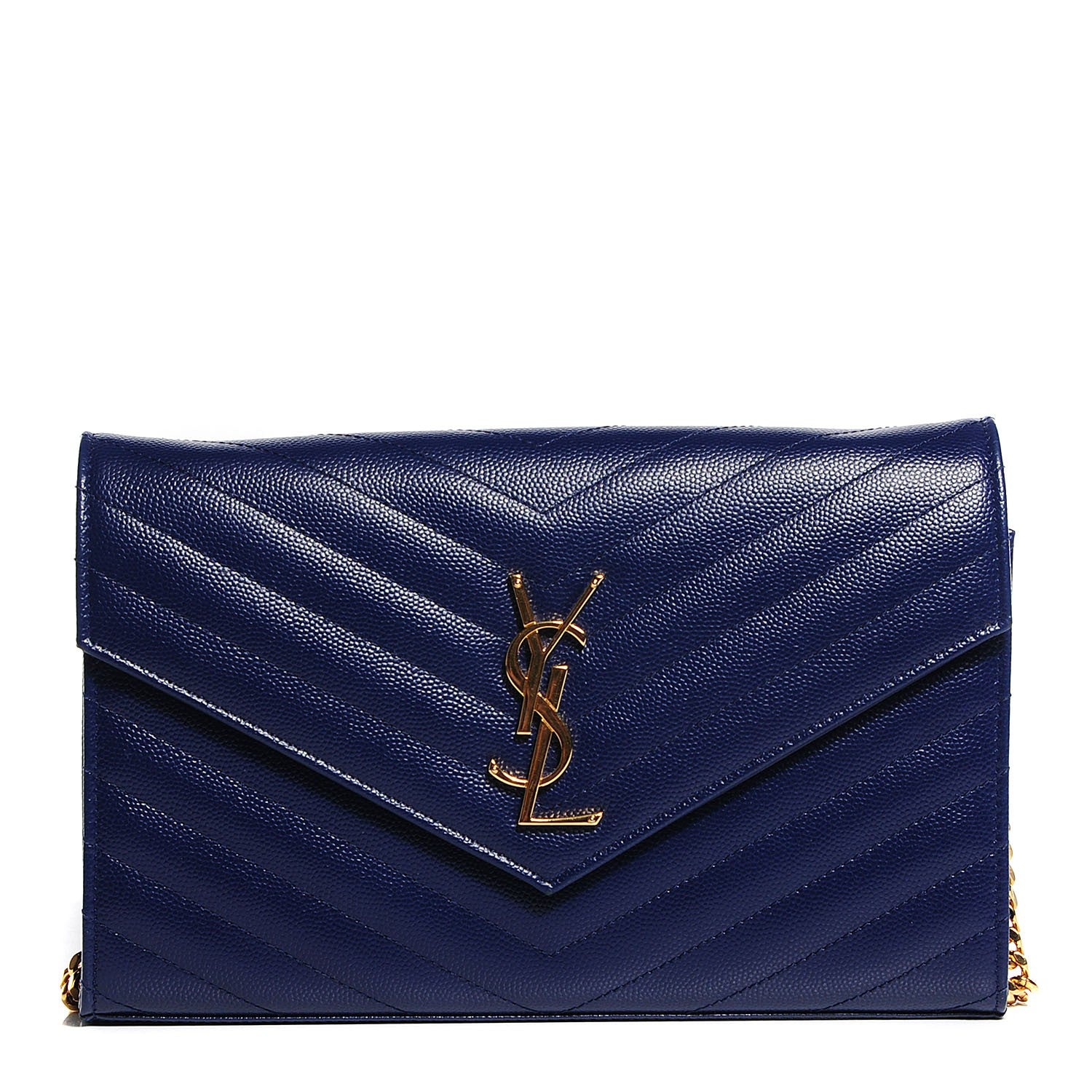 Saint Laurent Grain de Poudre Matelasse Chevron Medium Monogram Chain Wallet Navy 1 of 7