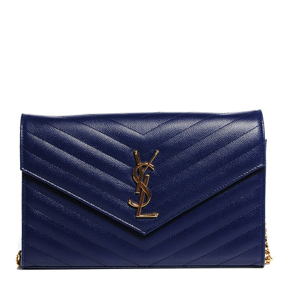 Saint Laurent Grain de Poudre Matelasse Chevron Medium Monogram Chain Wallet Navy 1 of 7