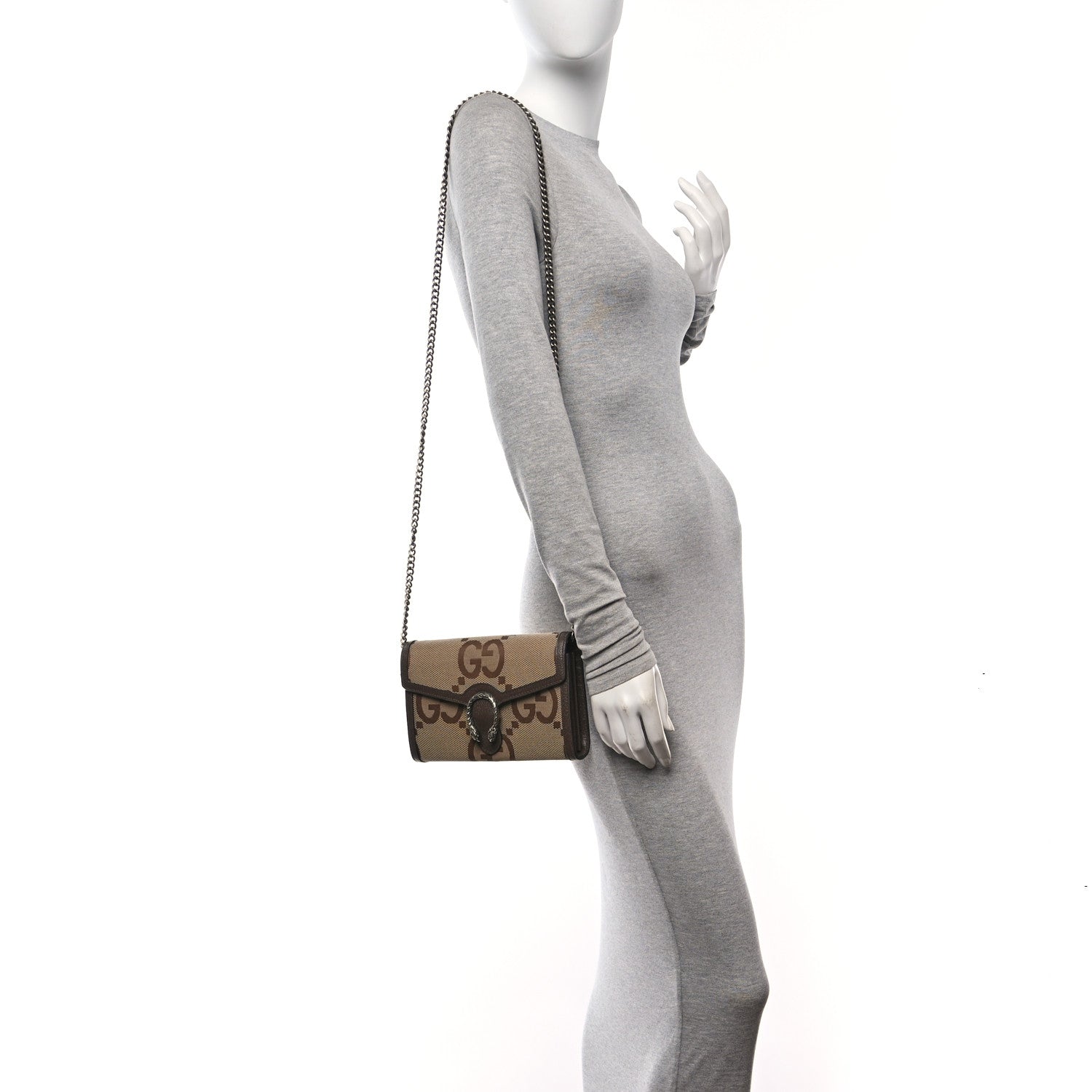 Gucci Monogram Jumbo GG Textured Dollar Calfskin Mini Dionysus Chain Wallet Camel Ebony New Acero 2 of 10