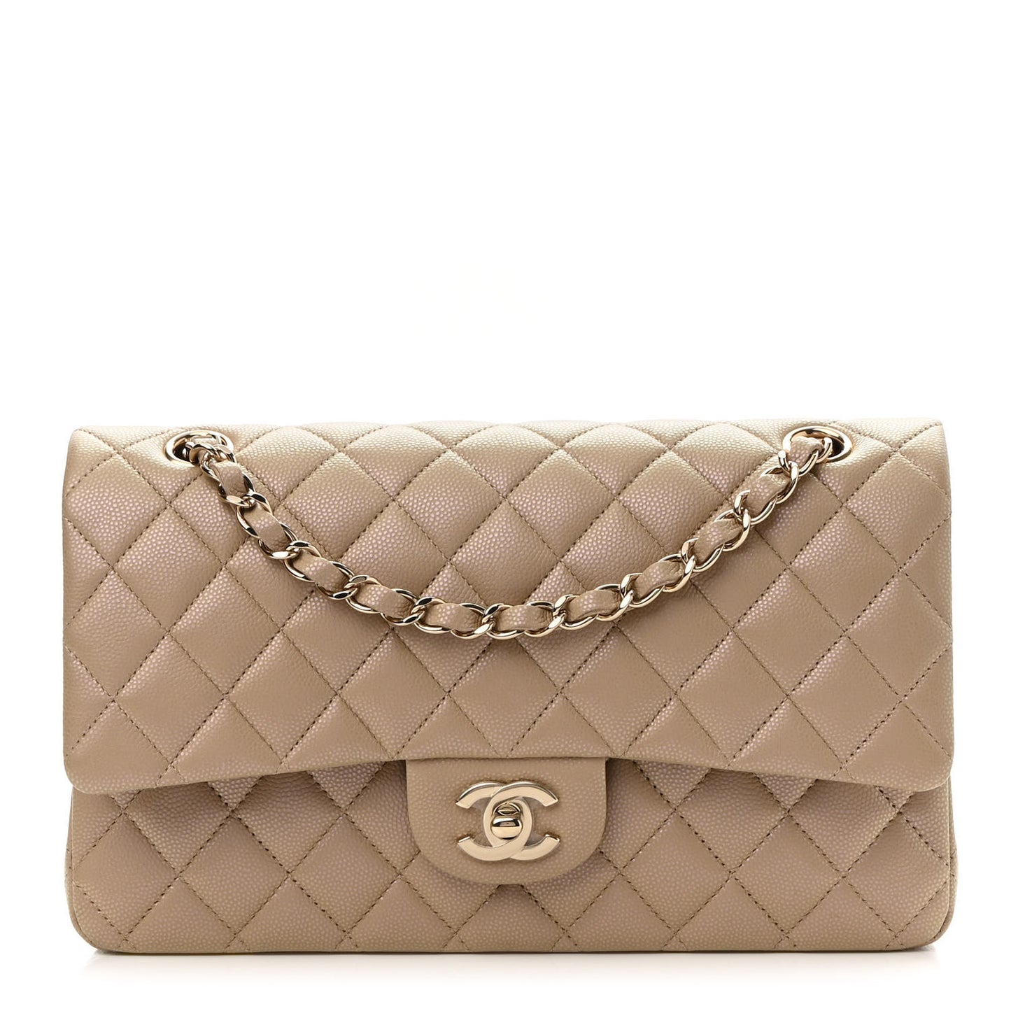 Iridescent Caviar Quilted Medium Double Flap Dark Beige