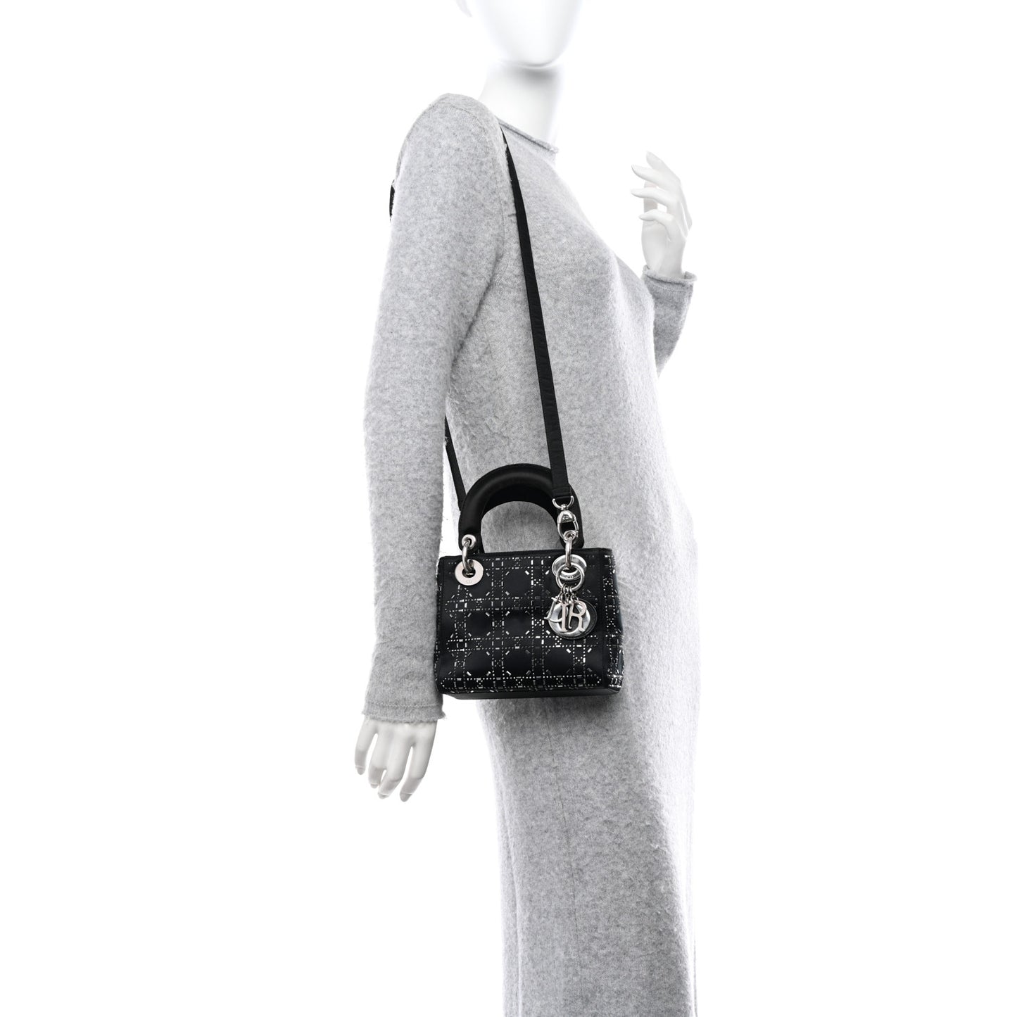 CHRISTIAN DIOR Satin Crystal Cannage Mini Lady Dior Black