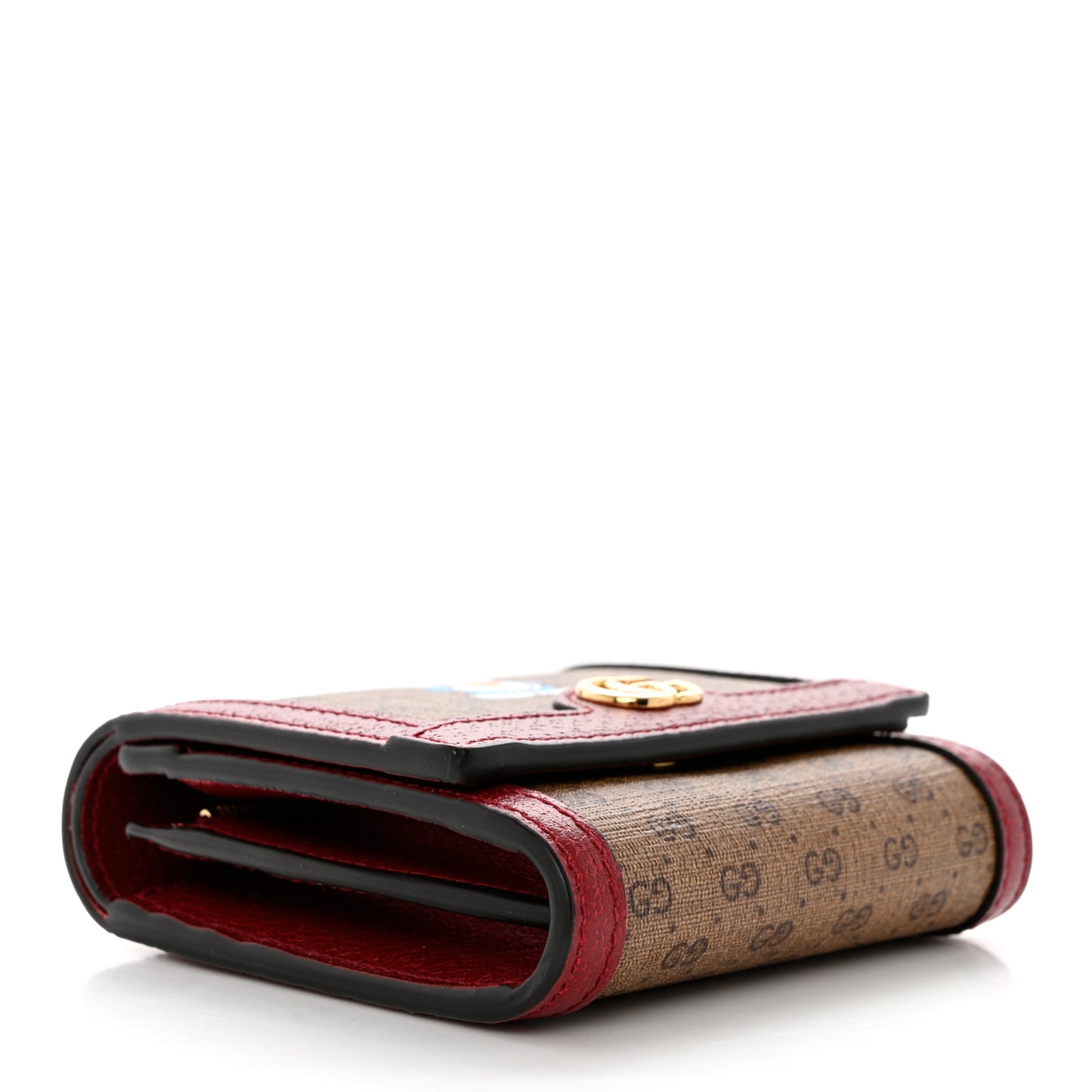 X DORAEMON Mini Vintage GG Supreme Monogram Compact Wallet Beige Cherry Red