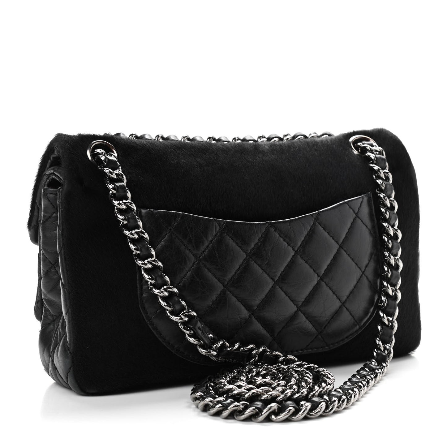 Aged Calfskin Miss Pony Fur Medium Flap Black