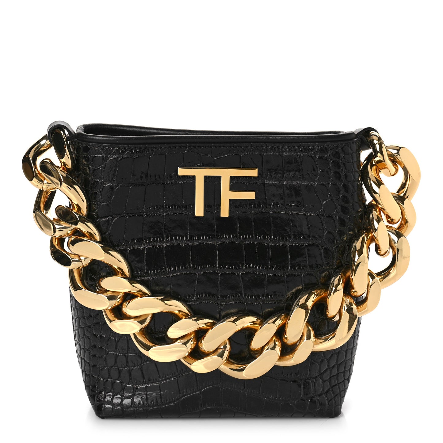 Calfskin Crocodile Embossed Mini Maxi Chain Bucket Bag Black