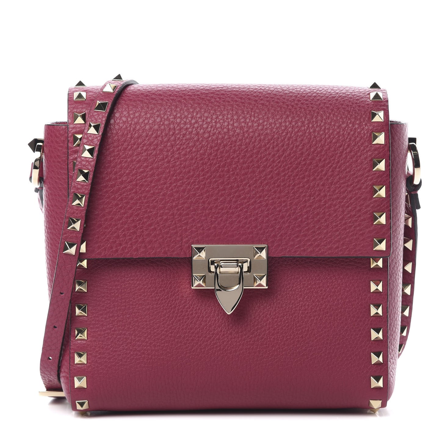 Pebbled Calfskin Rockstud Flip Lock Flap Messenger Raspberry