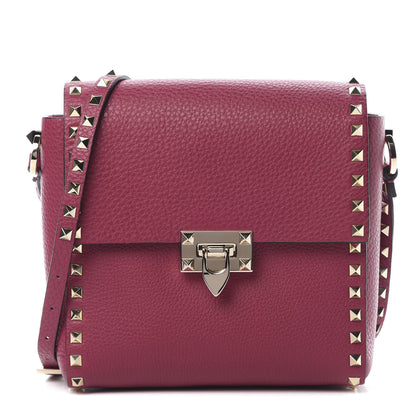 Valentino Garavani Pebbled Calfskin Rockstud Flip Lock Flap Messenger Raspberry 1 of 10