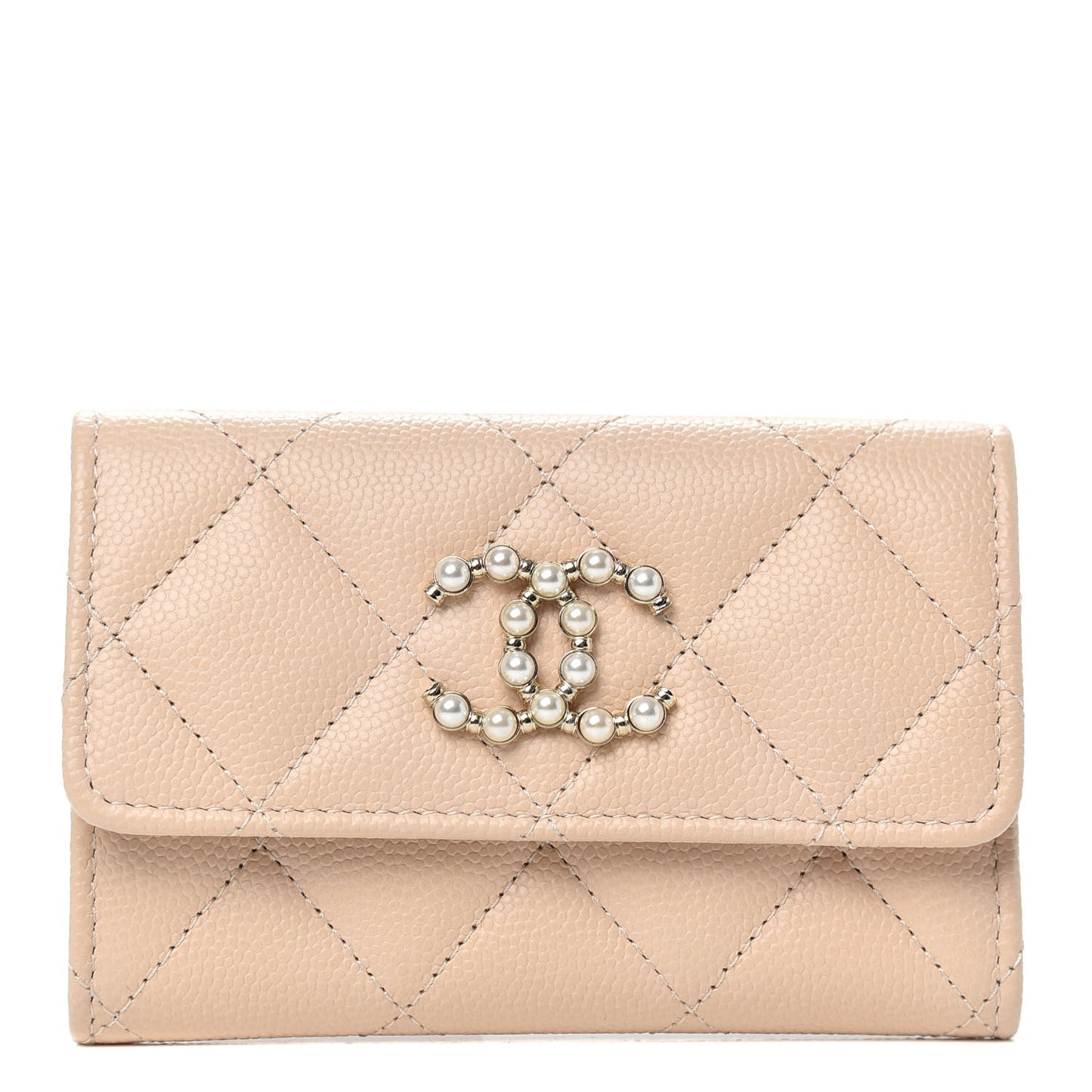 Caviar Pearl Quilted Coco Candy Flap Card Holder Beige