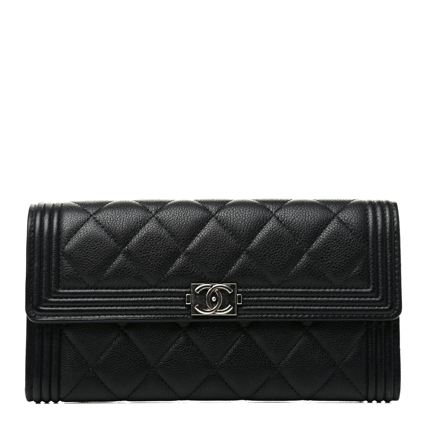 Calfskin Quilted Large Boy Gusset Flap Wallet Black