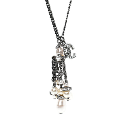 Chanel Crystal Pearl CC Drop Necklace Silver 4 of 6
