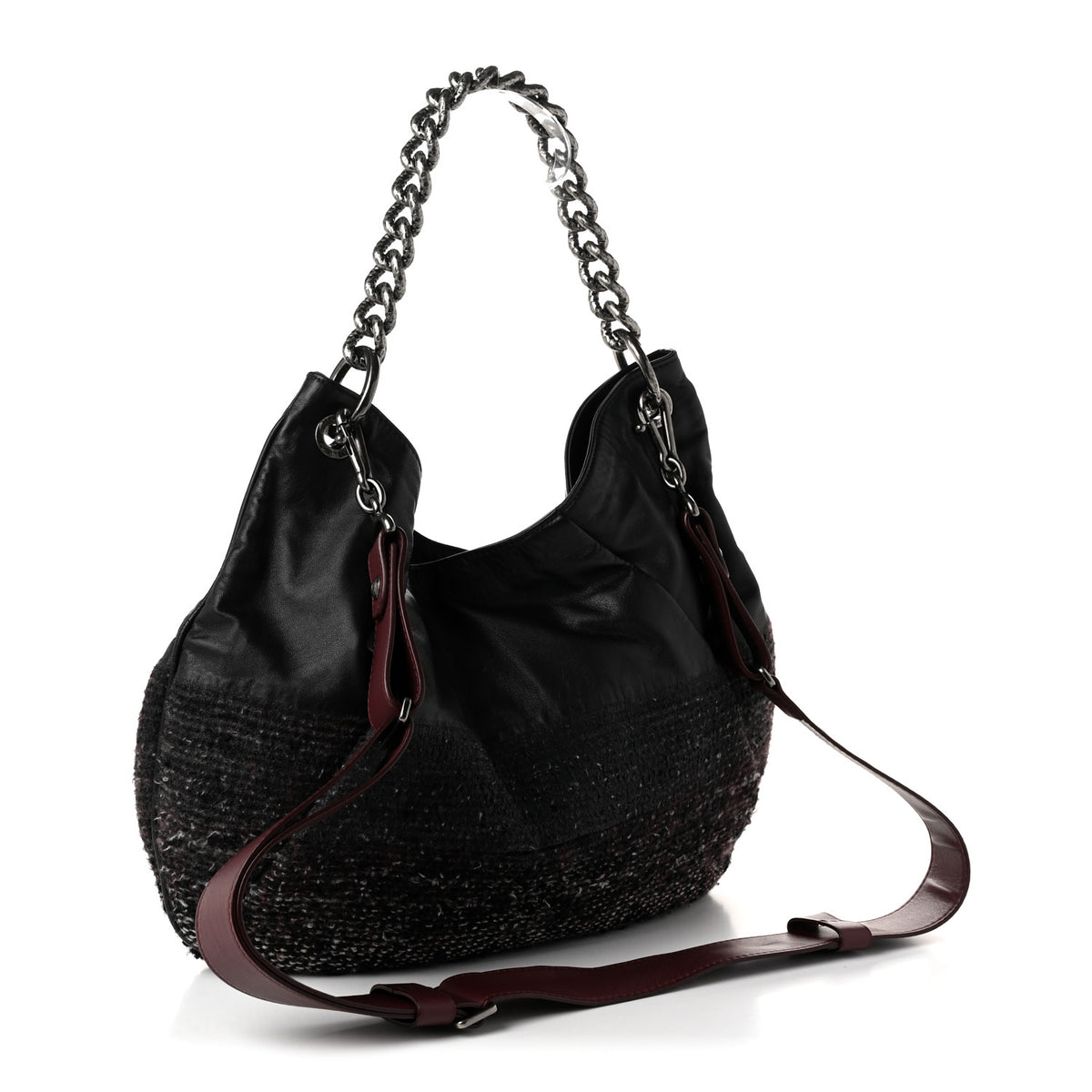 Calfskin Tweed Coco Pleats Hobo Black Burgundy