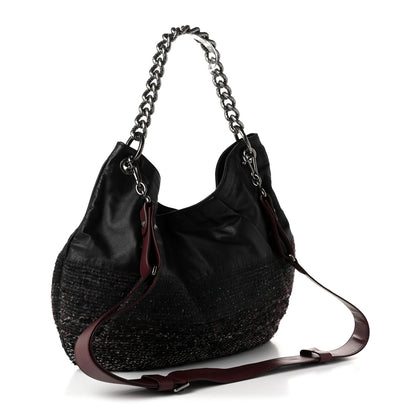 Chanel Calfskin Tweed Coco Pleats Hobo Black Burgundy 3 of 10