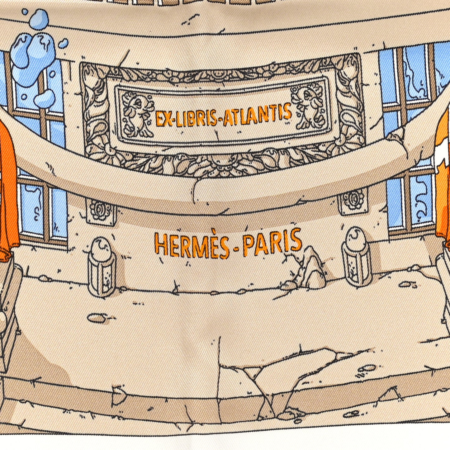 Vintage Silk Ex Libris Atlantis Scarf 70 Ciel Orange Mastic