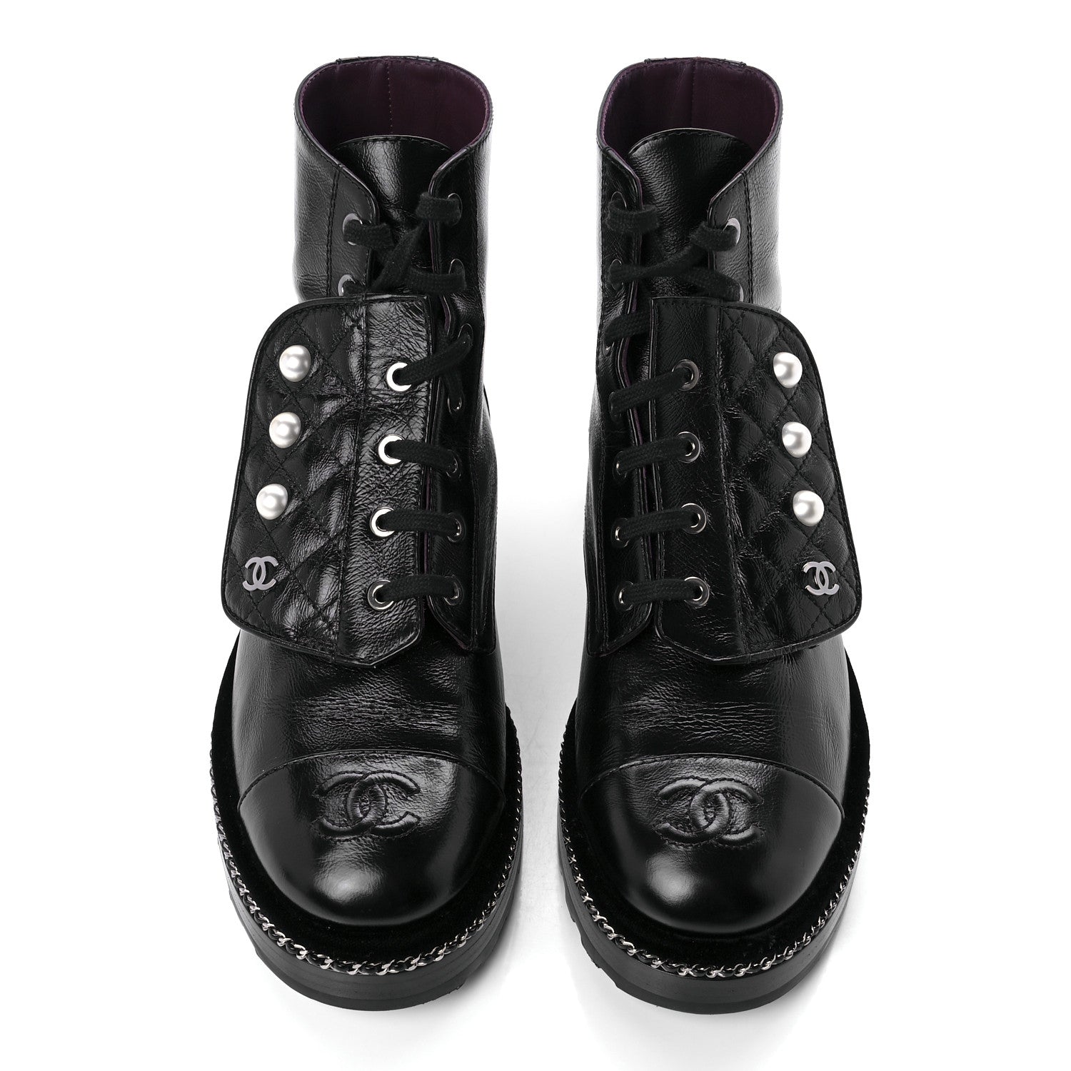 Chanel Crackled Calfskin Velvet Pearl Combat Short Boots 39 Black 5 of 11
