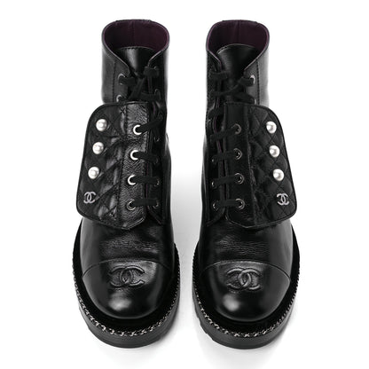 Chanel Crackled Calfskin Velvet Pearl Combat Short Boots 39 Black 5 of 11
