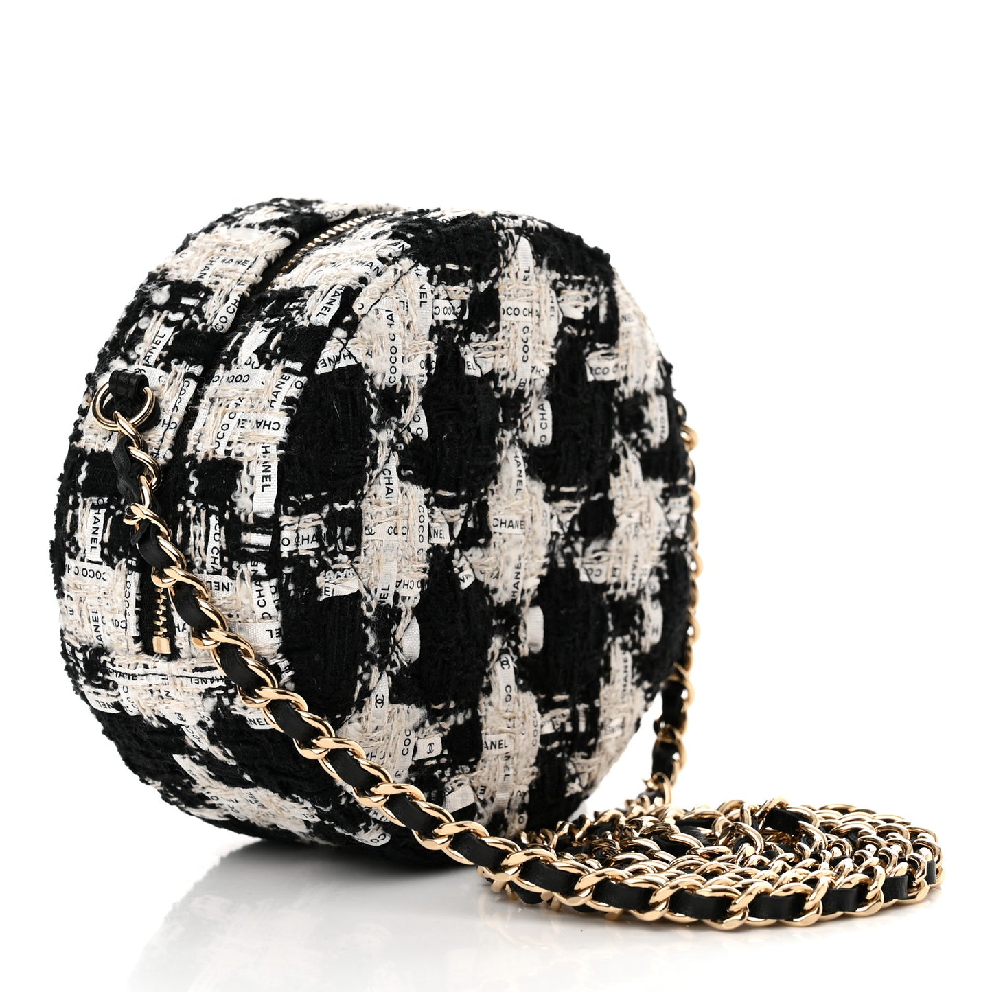 Tweed Quilted Round Clutch With Chain Black Ecru White