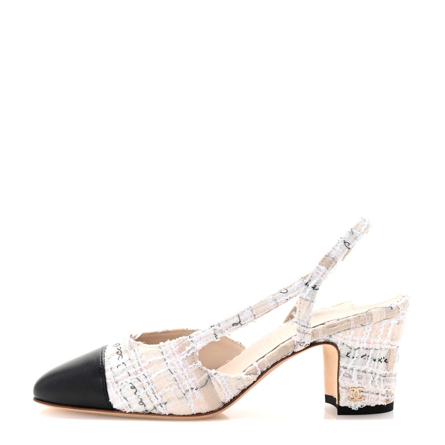 Tweed Lambskin Cap Toe CC Logo Slingback Pumps 35 Beige Ecru Black