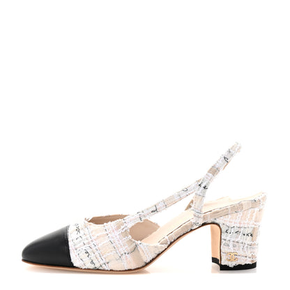 Chanel Tweed Lambskin Cap Toe CC Logo Slingback Pumps 35 Beige Ecru Black 1 of 10