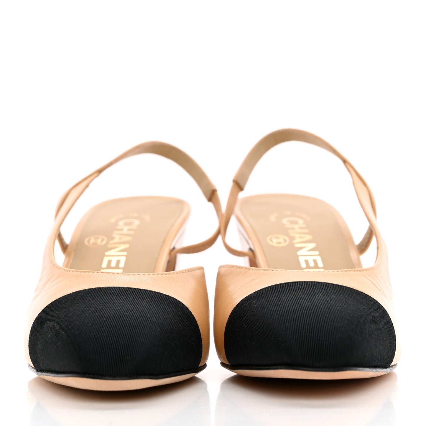 Goatskin Grosgrain Cap Toe CC Slingback Pumps 36 Beige Black