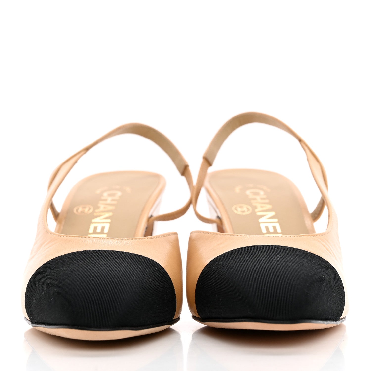 Chanel Goatskin Grosgrain Cap Toe CC Slingback Pumps 36 Beige Black 2 of 9