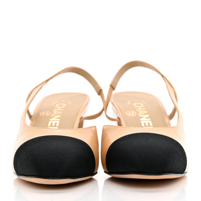 Chanel Goatskin Grosgrain Cap Toe CC Slingback Pumps 36 Beige Black 2 of 9