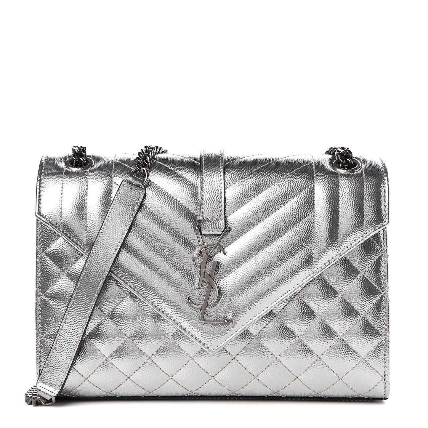 Metallic Grain De Poudre Textured Mixed Matelasse Triquilt Medium Monogram Satchel Silver