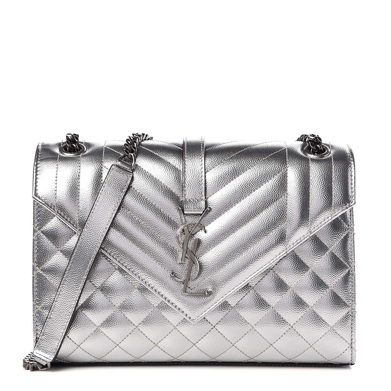 Saint Laurent Metallic Grain De Poudre Textured Mixed Matelasse Triquilt Medium Monogram Satchel Silver 1 of 8