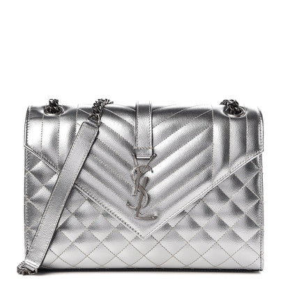 Saint Laurent Metallic Grain De Poudre Textured Mixed Matelasse Triquilt Medium Monogram Satchel Silver 1 of 8