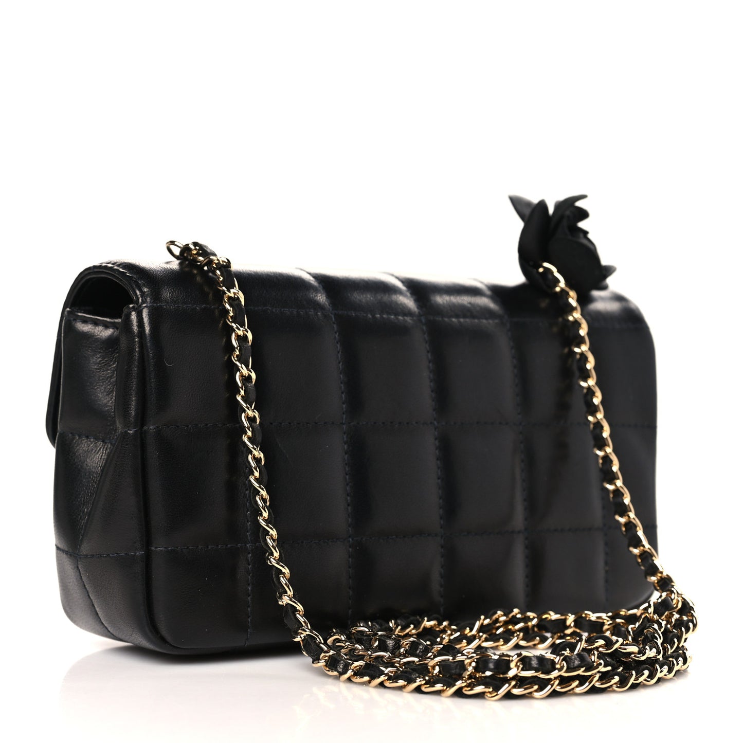 Lambskin Quilted Mini Chocolate Bar Camellia Flap Black