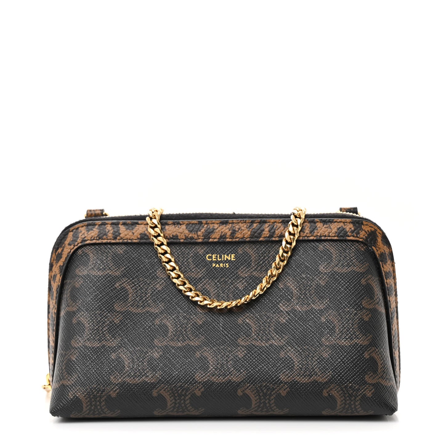 Triomphe Canvas Calfskin Leopard Print Mini Clutch on Chain Black Tan