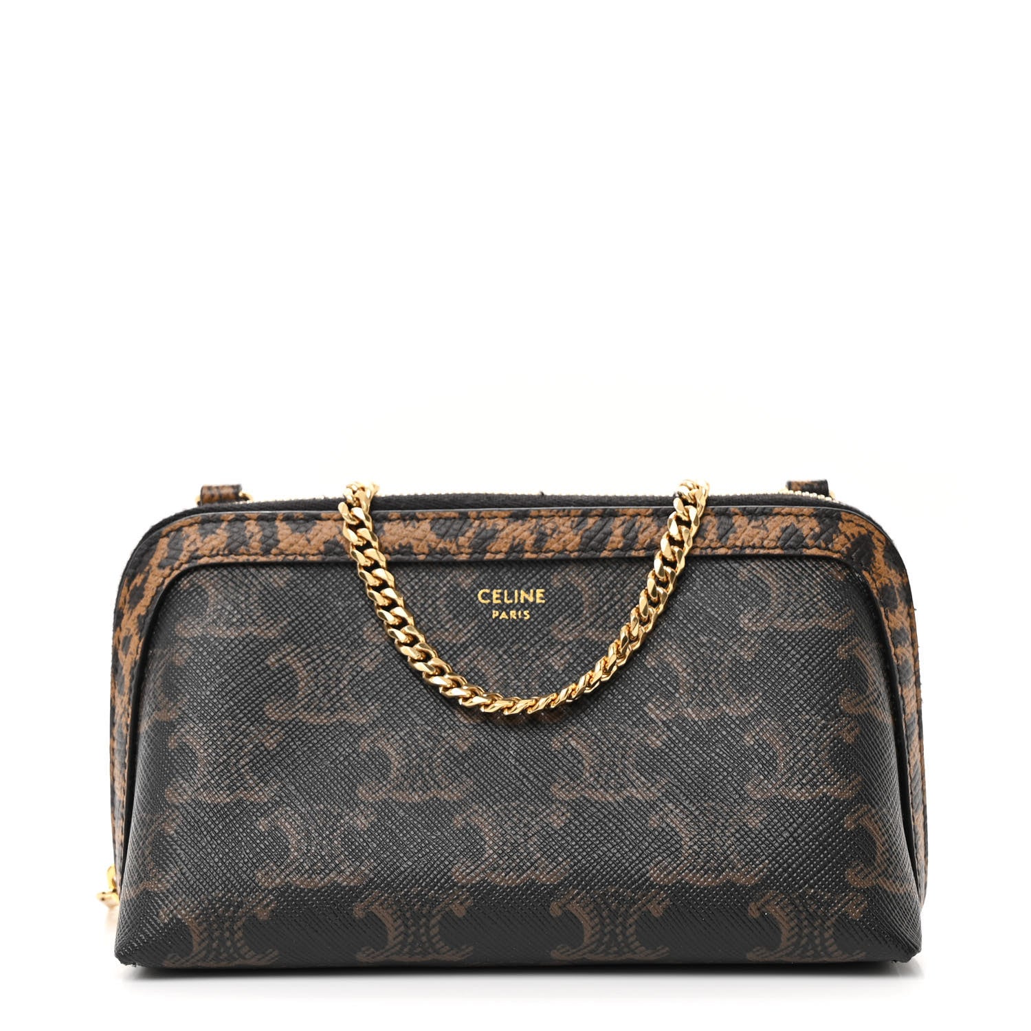 Celine Triomphe Canvas Calfskin Leopard Print Mini Clutch on Chain Black Tan 1 of 13