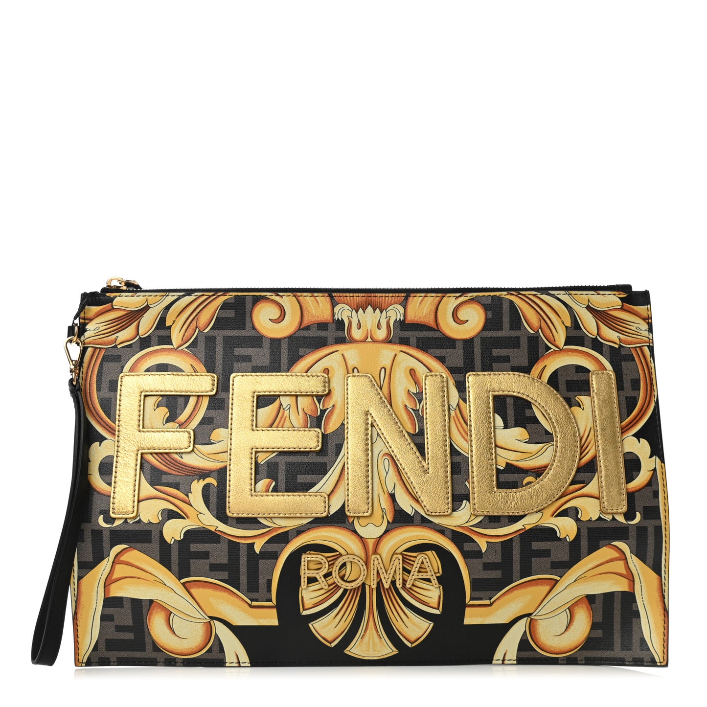 X VERSACE Vitello Grace Catalan Mirror Fendace FF Baroque Logo Large Flat Pouch Tobacco Gold