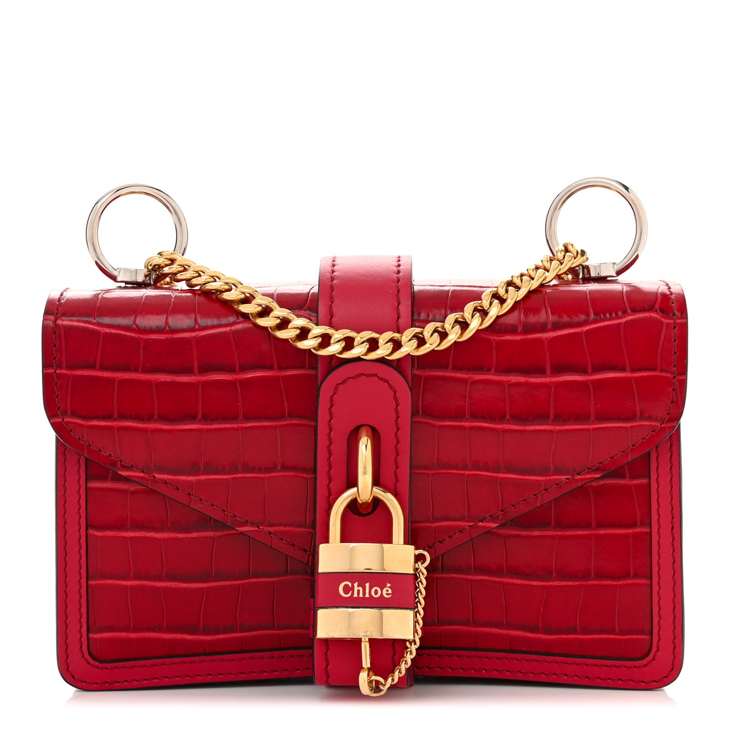 Calfskin Crocodile Embossed Aby Chain Shoulder Bag Brick Red