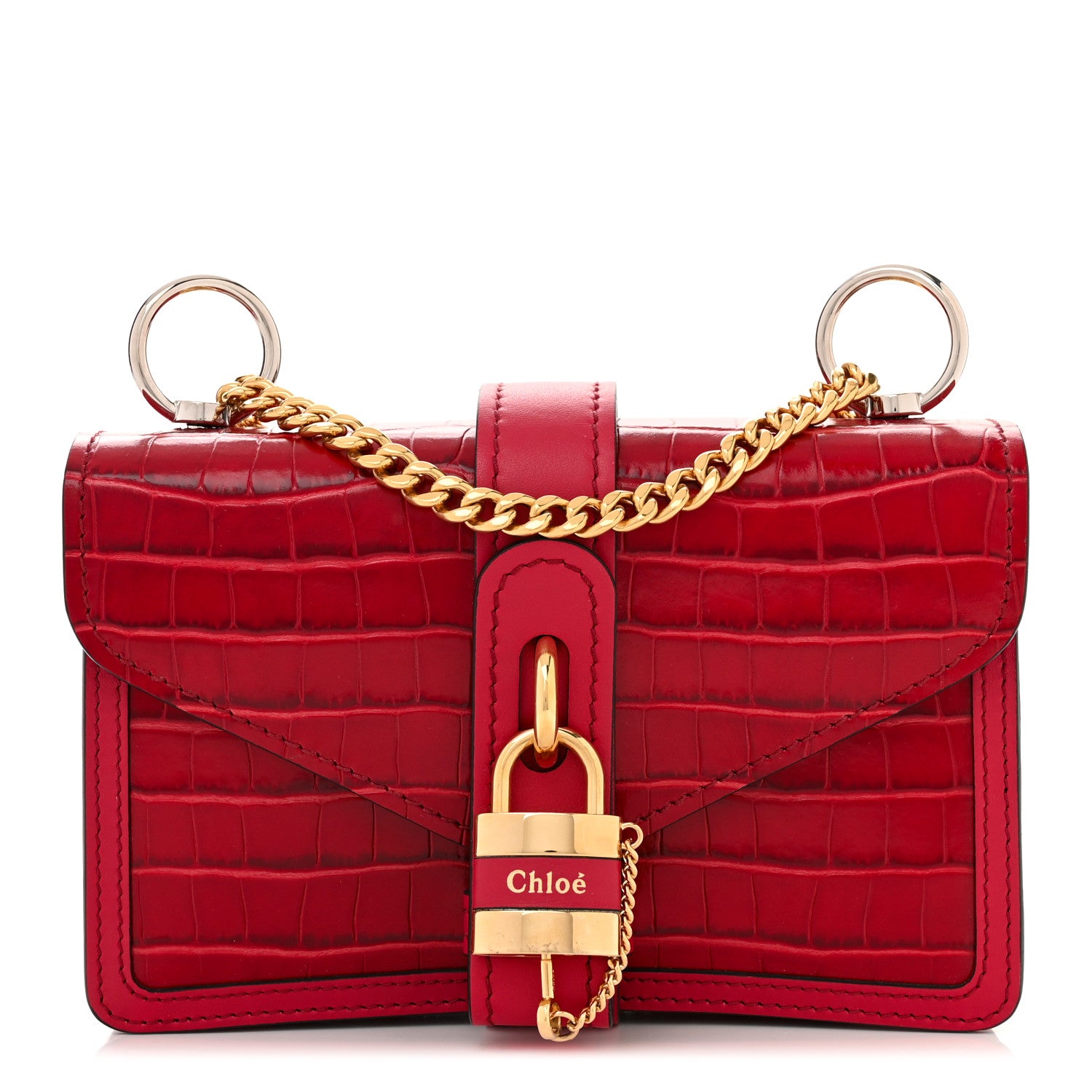 Chloe Calfskin Crocodile Embossed Aby Chain Shoulder Bag Brick Red 1 of 9