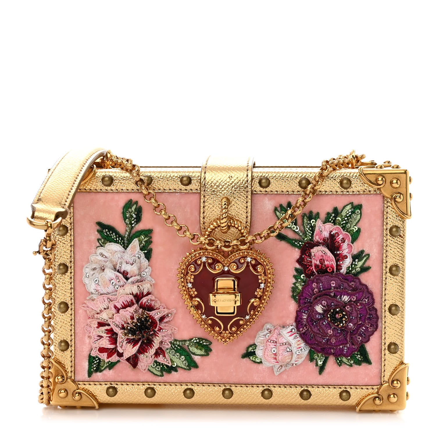 Dolce & Gabbana Velvet Floral Embroidered Devotion Crossbody Bag Pink Gold 1 of 11