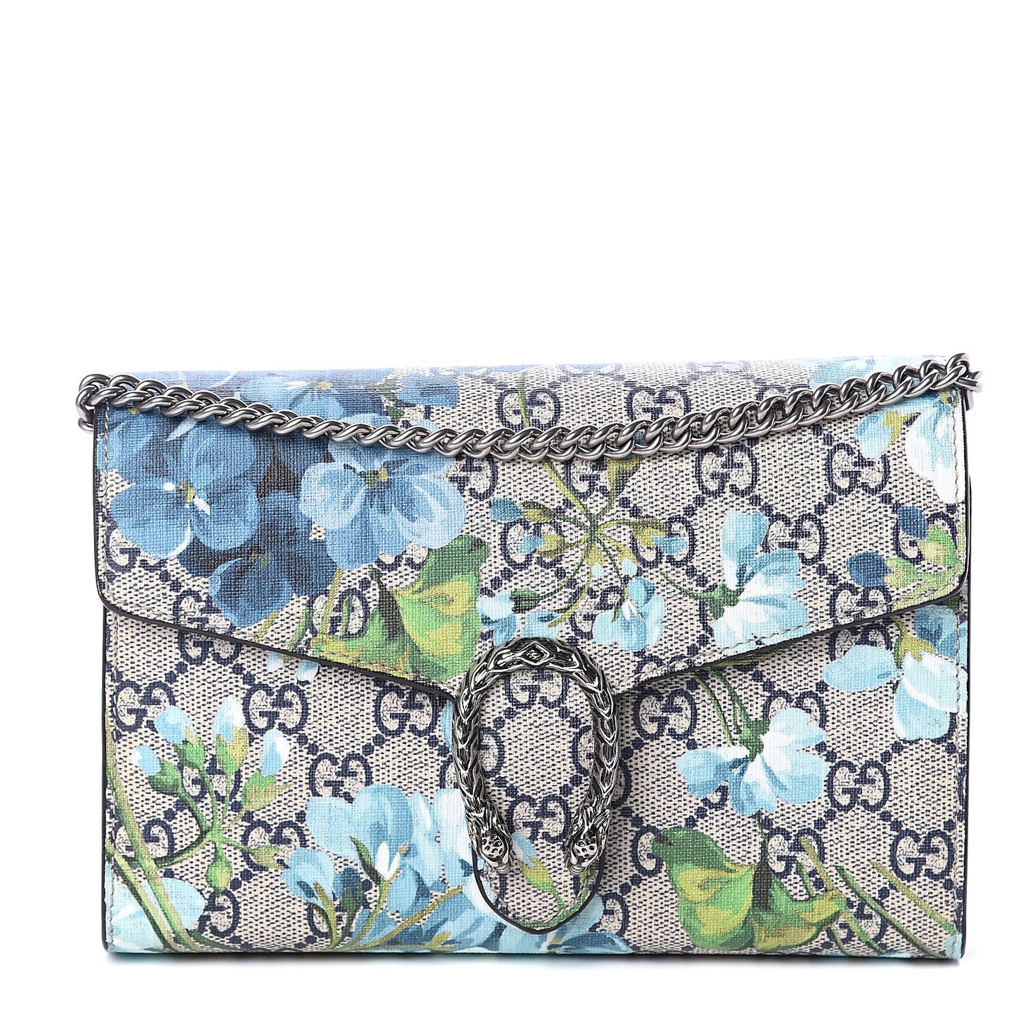 GG Supreme Monogram Blooms Mini Dionysus Chain Wallet Beige Blue Navy Vintage Blue