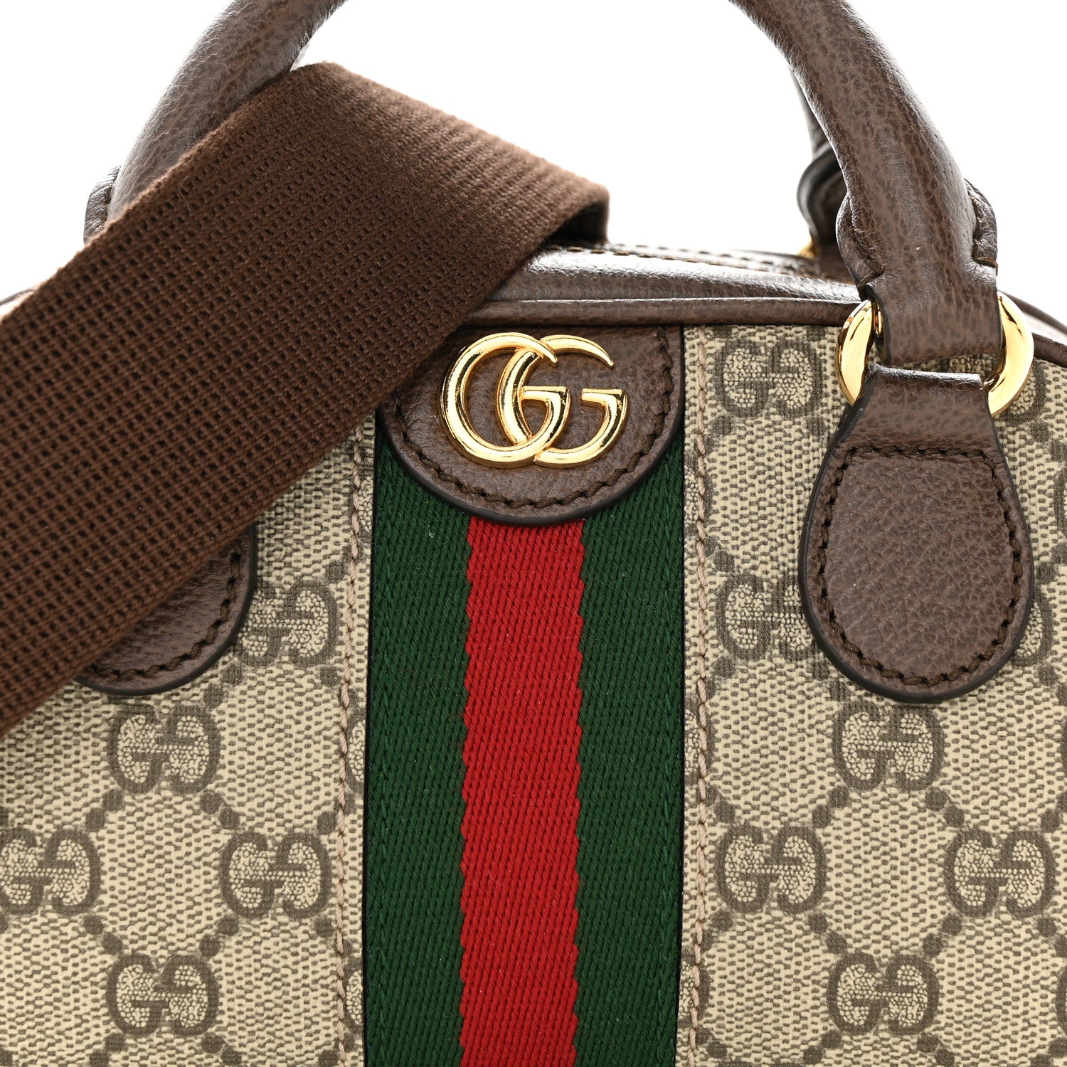 Gucci GG Supreme Monogram Textured Dollar Calfskin Web Mini Ophidia Top Handle Bowler Bag Beige Ebony New Acero 8 of 10