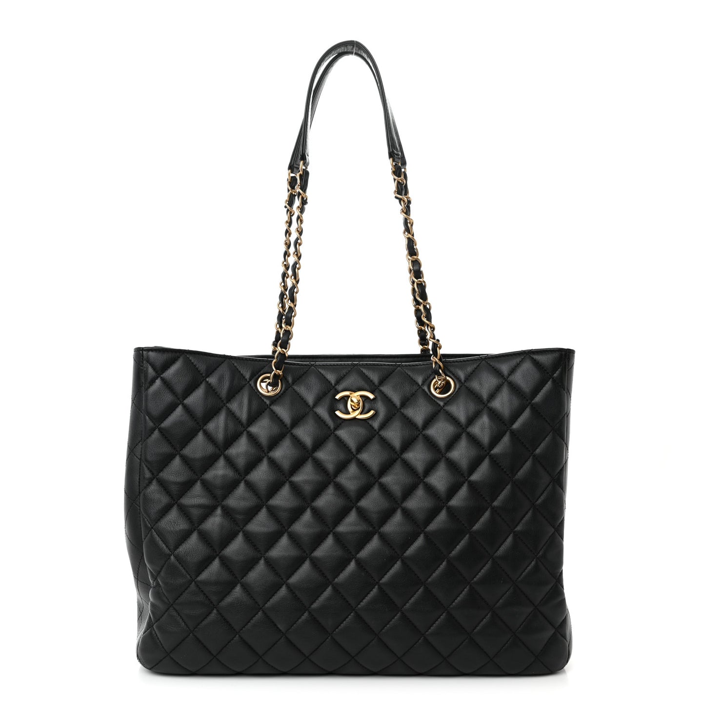Calfskin Quilted Large Classic Shopping Tote Black