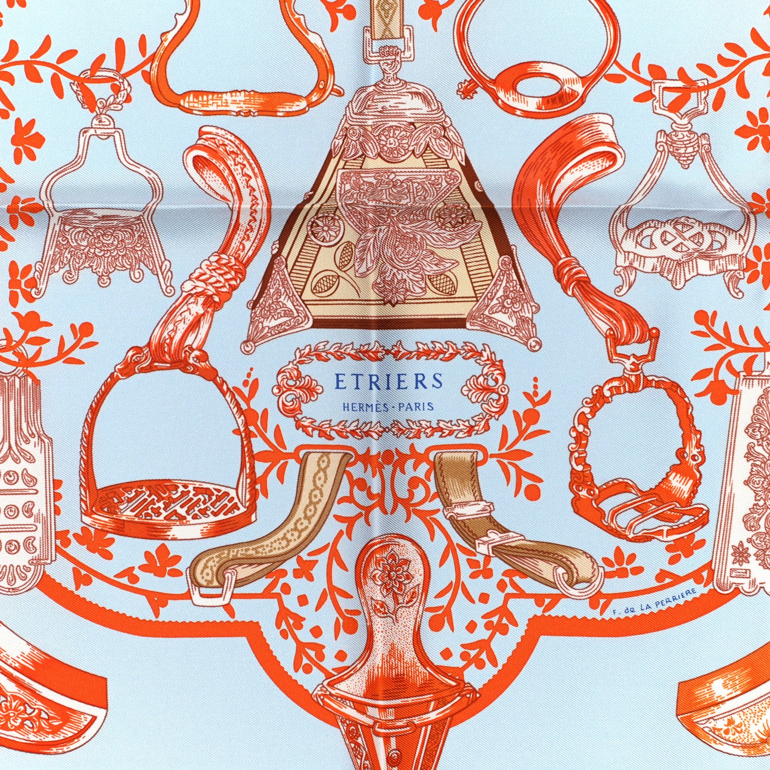 Hermes Silk Etriers Pocket Square Ciel Orange 2 of 5