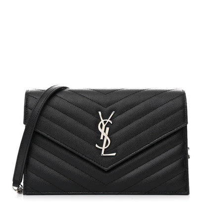 Saint Laurent Grain De Poudre Matelasse Chevron Monogram Envelope Chain Wallet Black 1 of 12