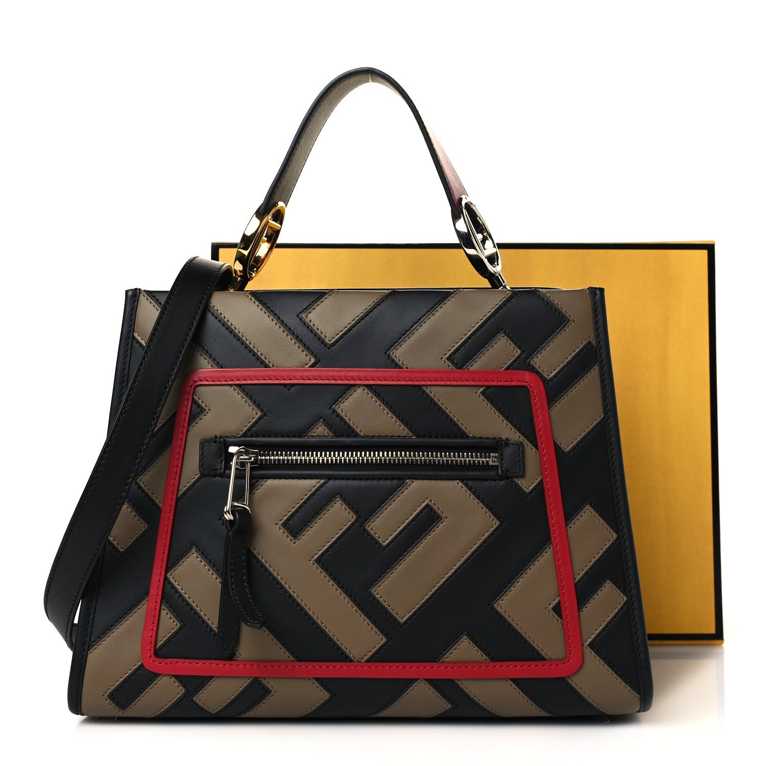 Fendi Vitello Century F is Fendi FF Diagonal Inlay Small Runaway Satchel Fango Black Fragola 9 of 9